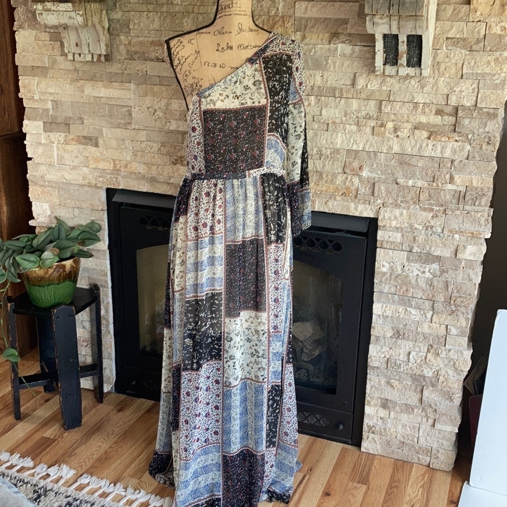 Re: named boho one shoulder maxi dress block handkerchief paisley floral pattern